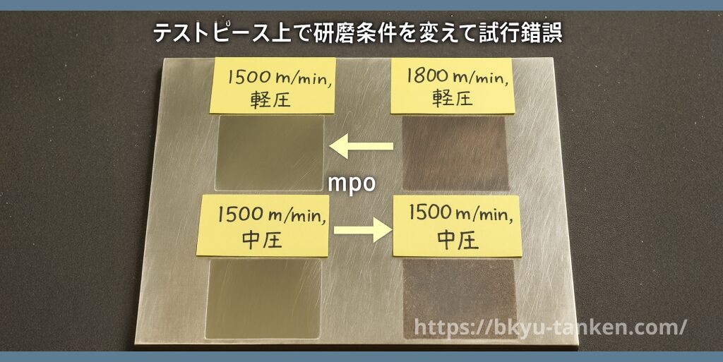 テストピース上で研磨条件を変えて試行錯誤(トライ&エラー)する様子